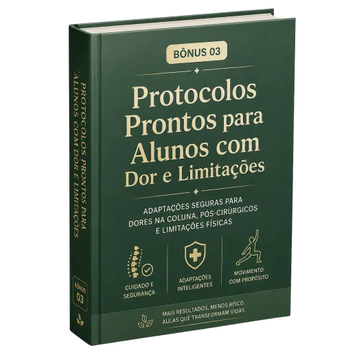 Mockup do bônus Protocolos Prontos para Alunos com Dor e Limitações