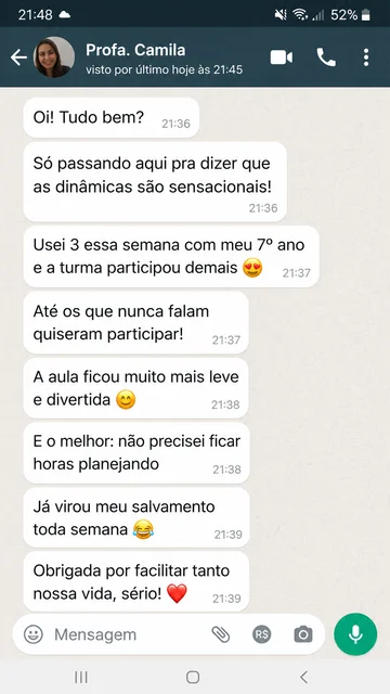 Print de conversa de WhatsApp de professora elogiando as dinâmicas de matemática