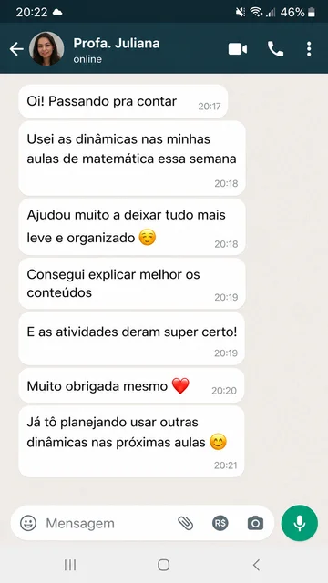 Print de conversa de WhatsApp de professora elogiando as dinâmicas de matemática