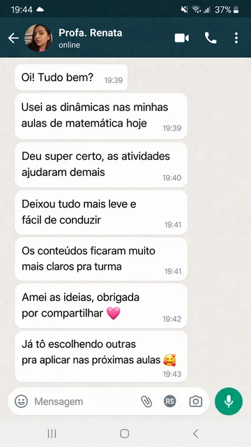 Print de conversa de WhatsApp de professora elogiando as dinâmicas de matemática
