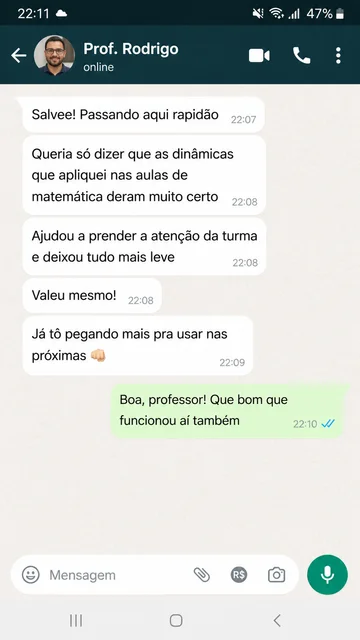 Print de conversa de WhatsApp de professora elogiando as dinâmicas de matemática