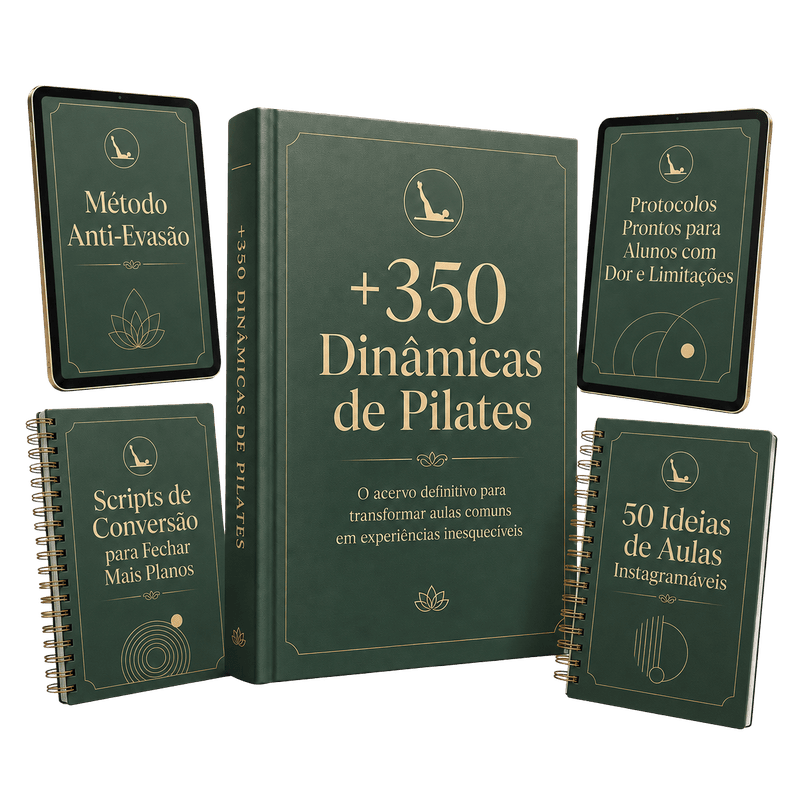 Mockup do produto +350 Dinâmicas de Pilates com os 4 bônus exclusivos